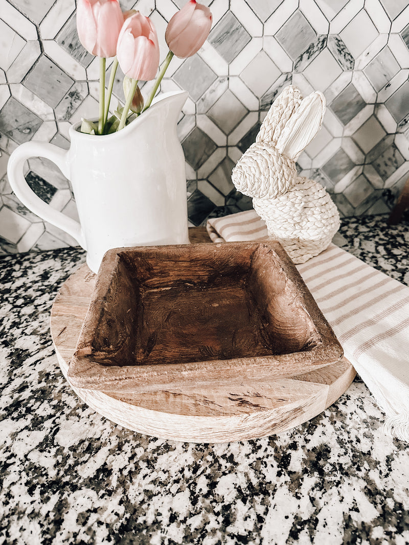 Square Wooden Dough Bowl, Wooden Candle Holder
