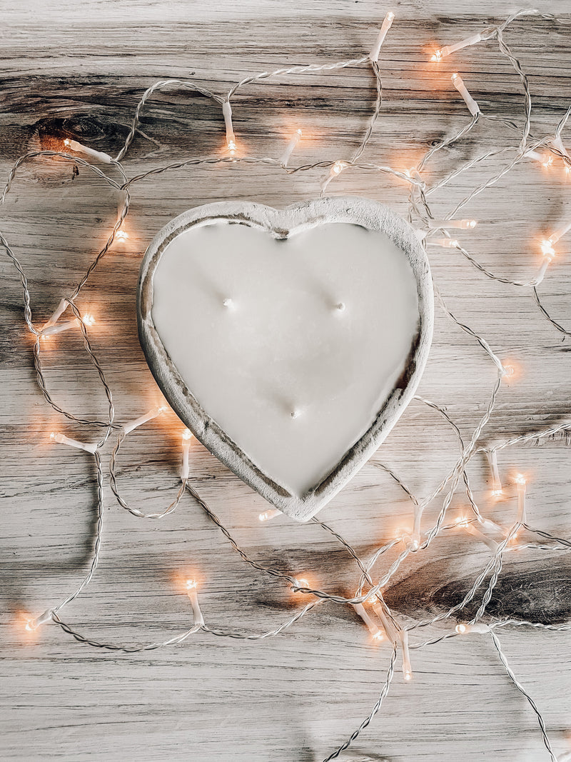 White Wood Heart Dough Bowl Candle